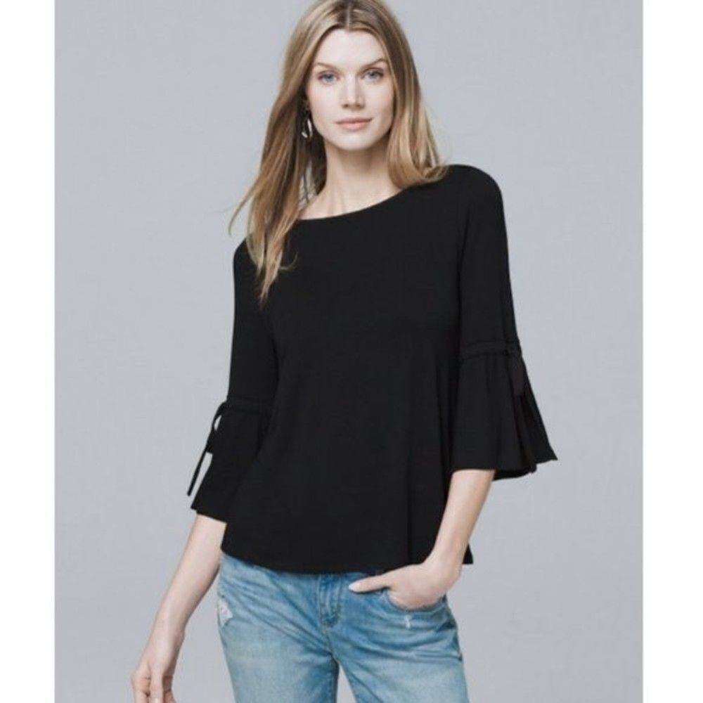 White House Black Market Size XS Tie Sleeve Tee Black Blouse 3/4 Bell Sleev